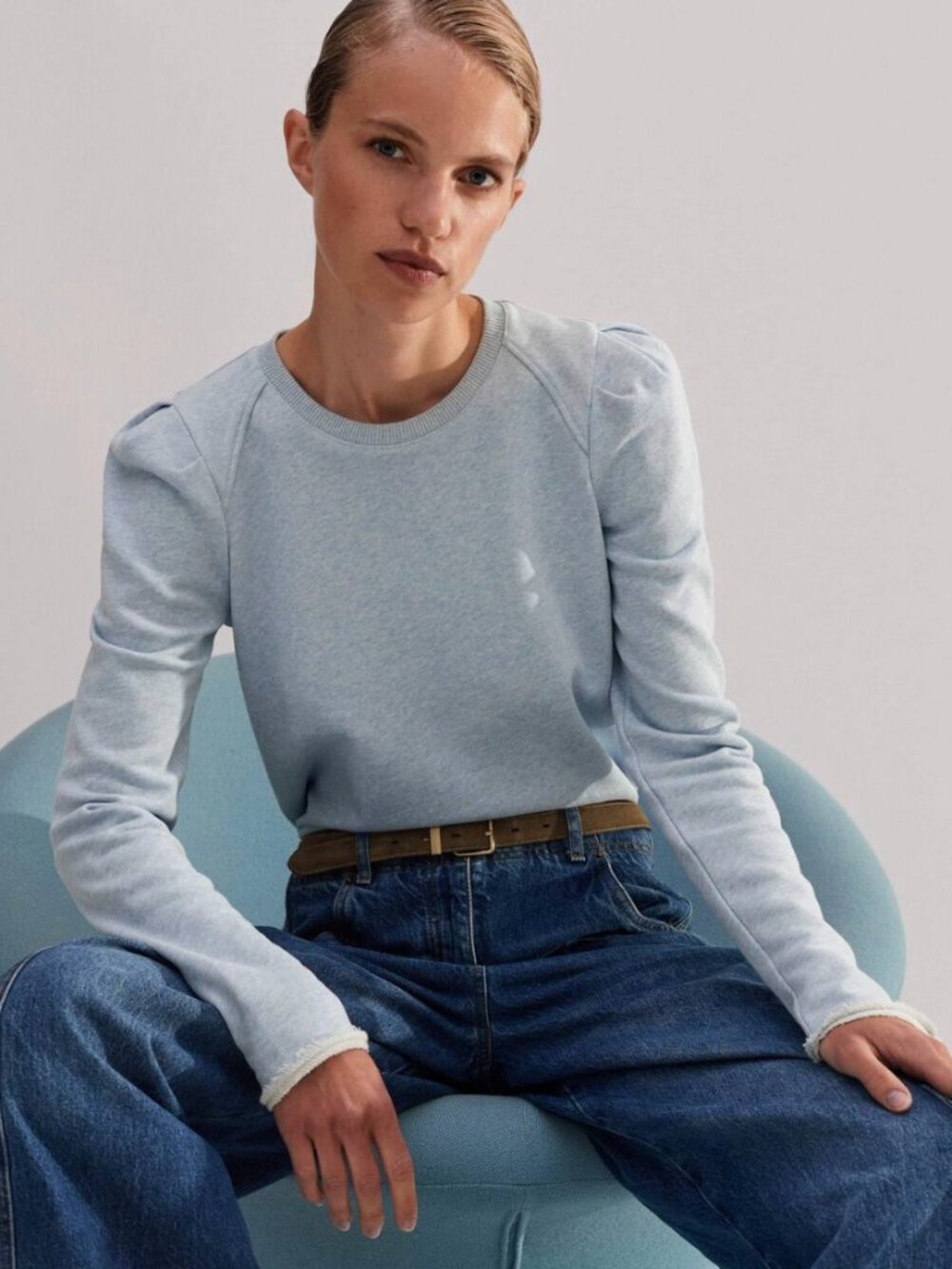 ME+EM Rib Trim Feminine Sweatshirt Chambray Blue US 10 Minimalist Pastel Cotton